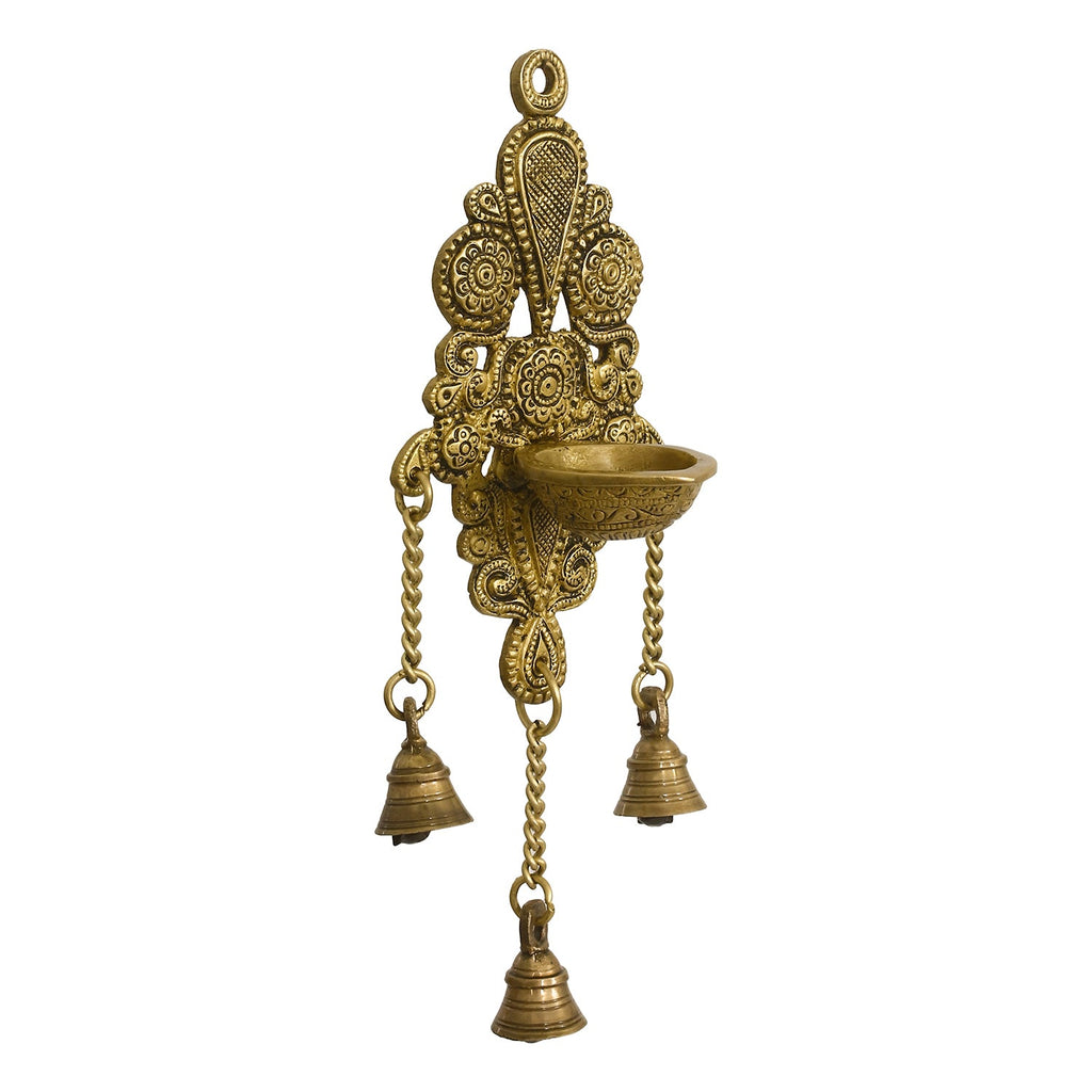 Golden Antique Finish Decorative Handcrafted Brass Wall Hanging Diya with Bells Kafalo