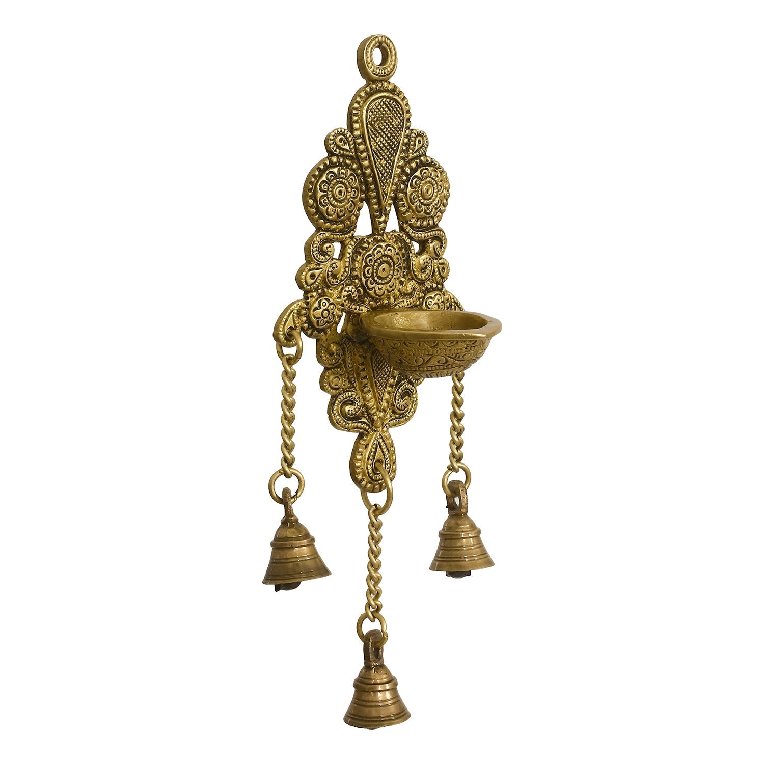 Golden Antique Finish Decorative Handcrafted Brass Wall Hanging Diya with Bells Kafalo