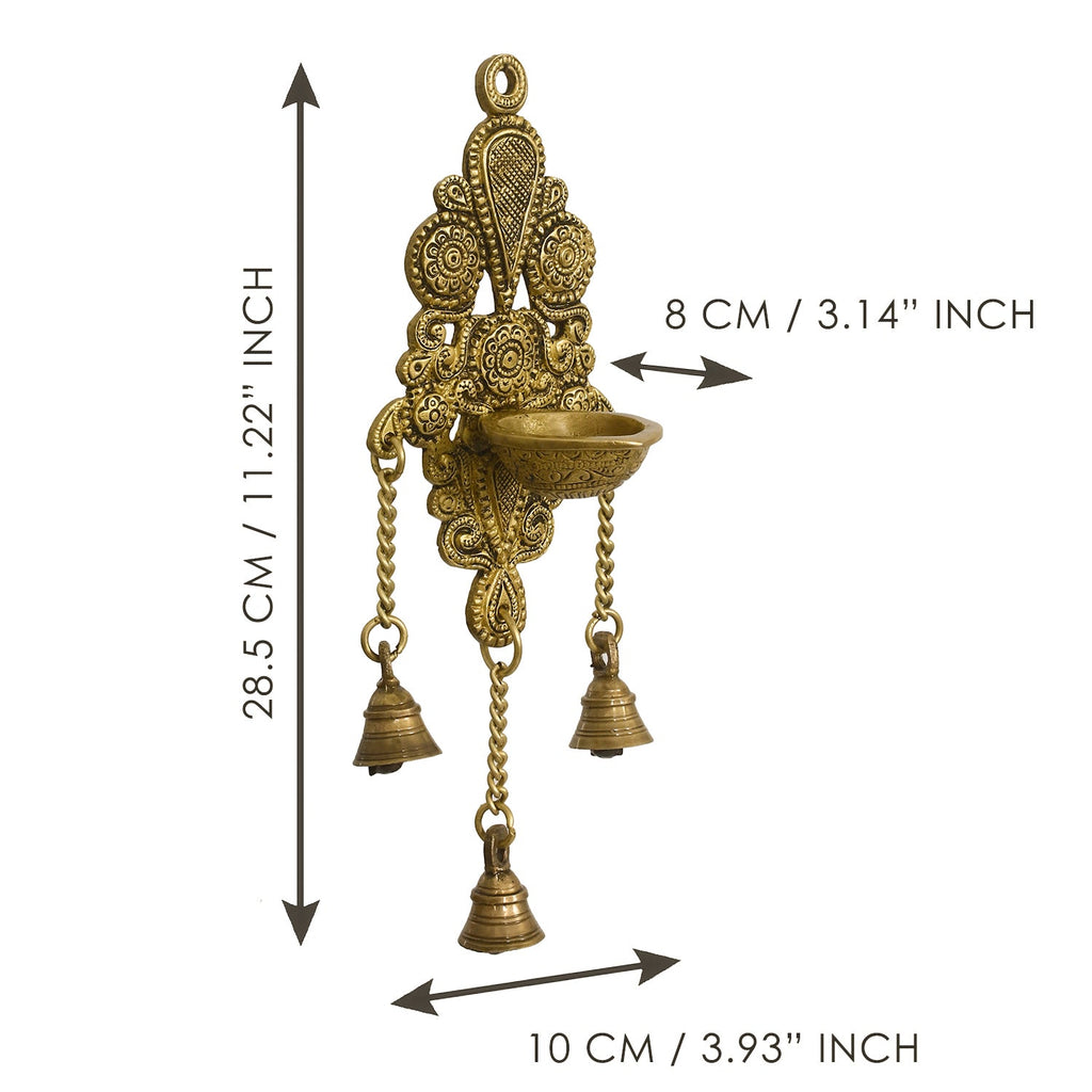 Golden Antique Finish Decorative Handcrafted Brass Wall Hanging Diya with Bells Kafalo