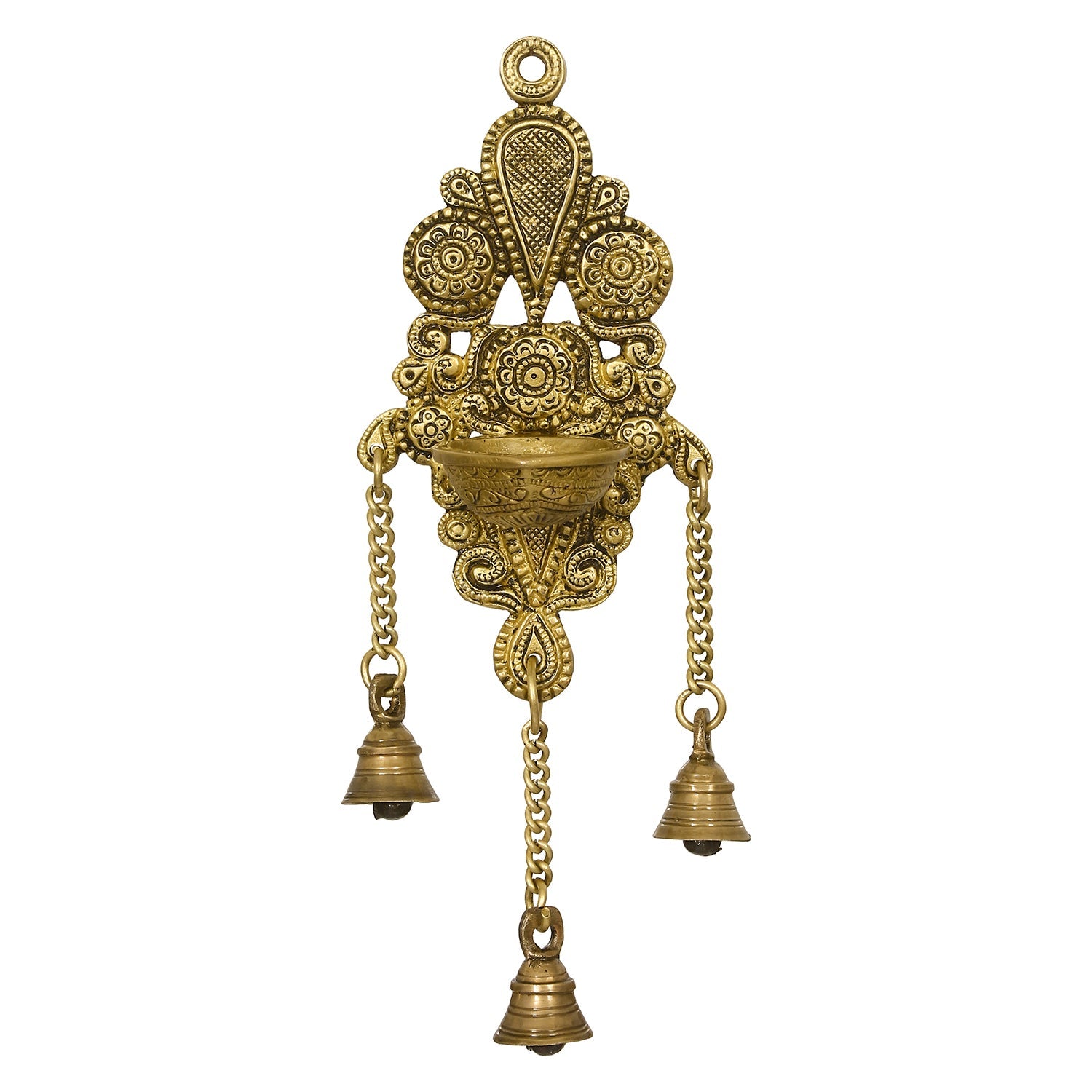Golden Antique Finish Decorative Handcrafted Brass Wall Hanging Diya with Bells Kafalo