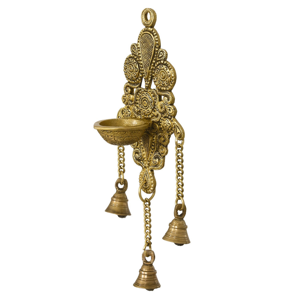Golden Antique Finish Decorative Handcrafted Brass Wall Hanging Diya with Bells Kafalo