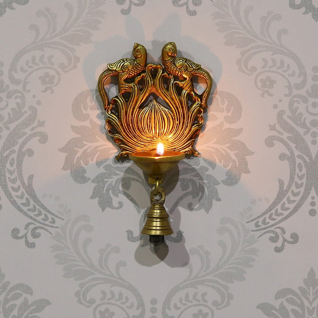 Golden Antique Finish Decorative Peacock Bird Design Handcrafted Brass Wall Hanging Diya with Bells Kafalo