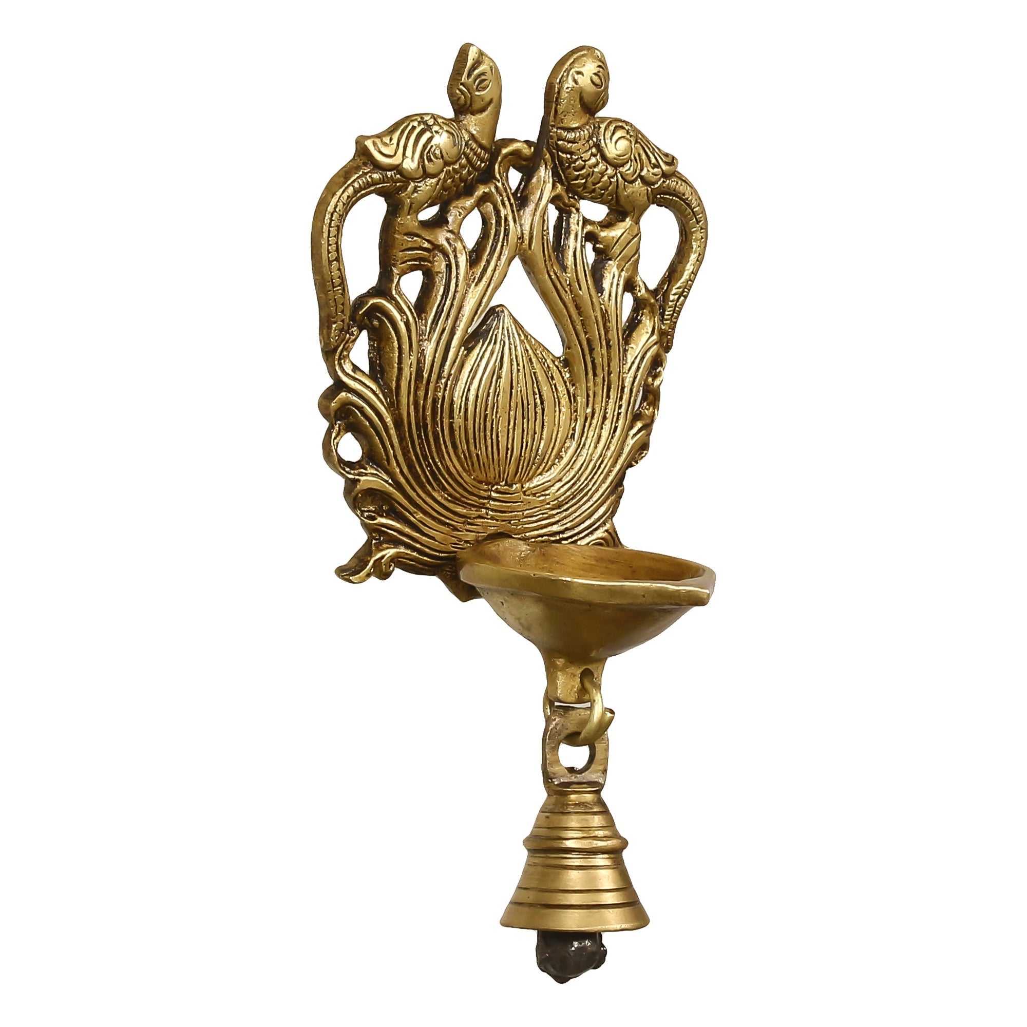 Golden Antique Finish Decorative Peacock Bird Design Handcrafted Brass Wall Hanging Diya with Bells Kafalo