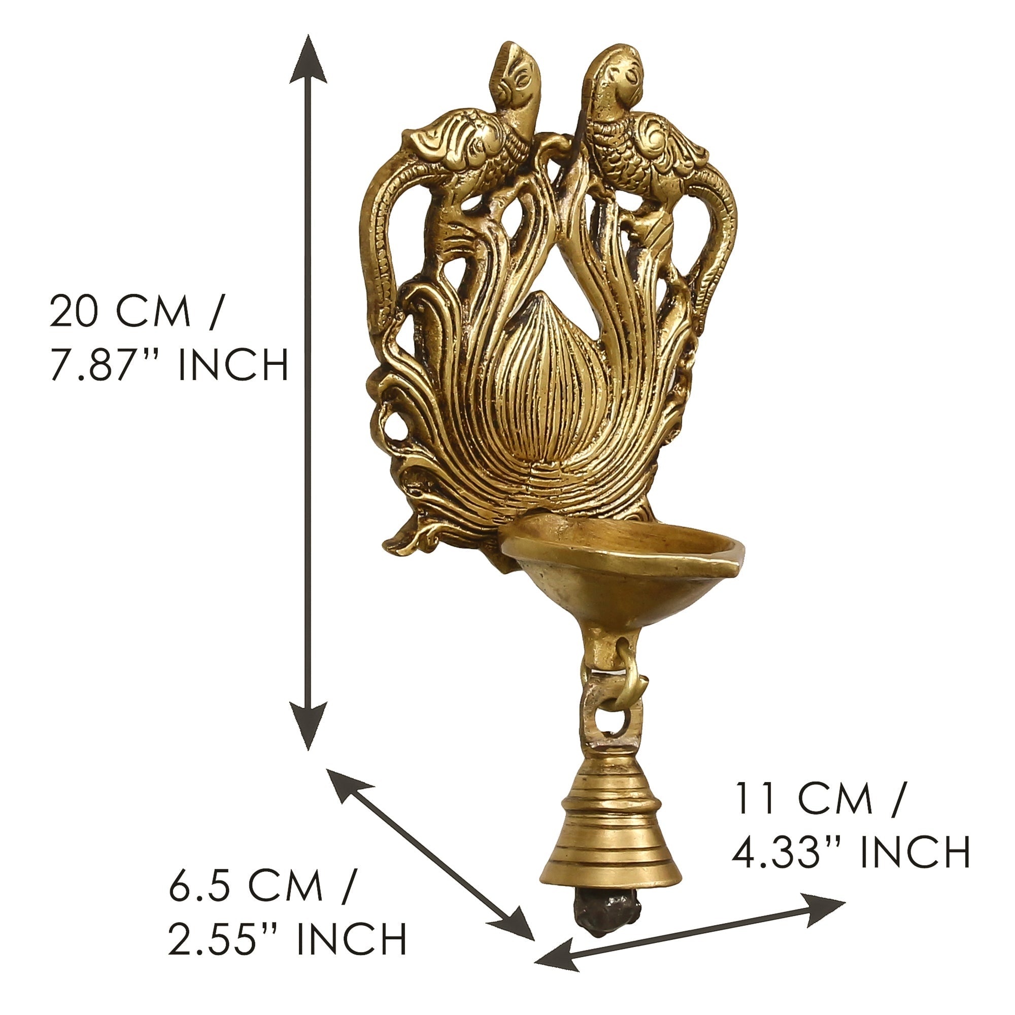 Golden Antique Finish Decorative Peacock Bird Design Handcrafted Brass Wall Hanging Diya with Bells Kafalo