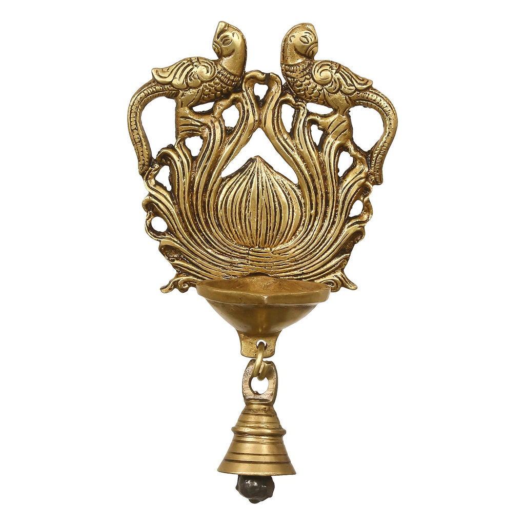 Golden Antique Finish Decorative Peacock Bird Design Handcrafted Brass Wall Hanging Diya with Bells Kafalo