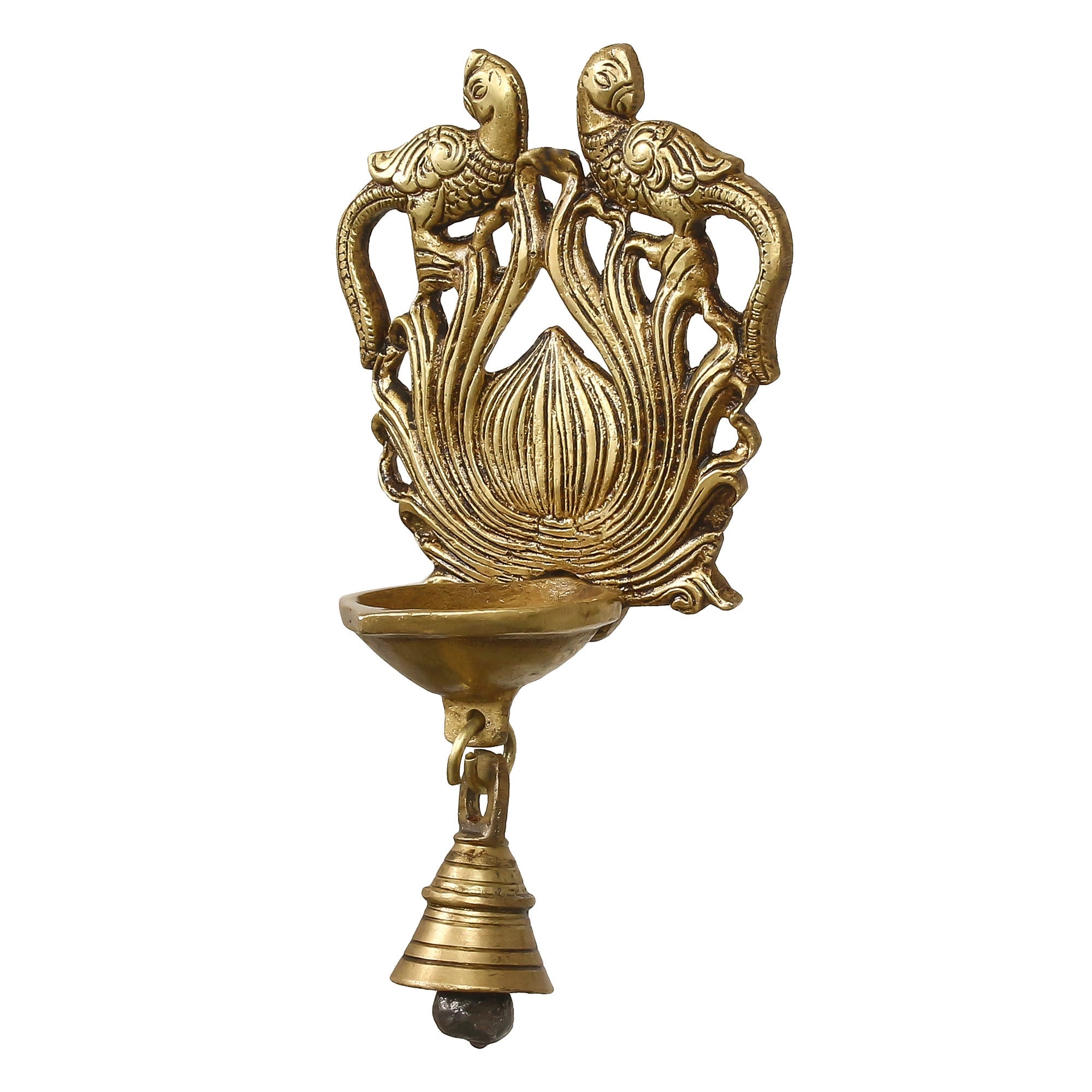 Golden Antique Finish Decorative Peacock Bird Design Handcrafted Brass Wall Hanging Diya with Bells Kafalo