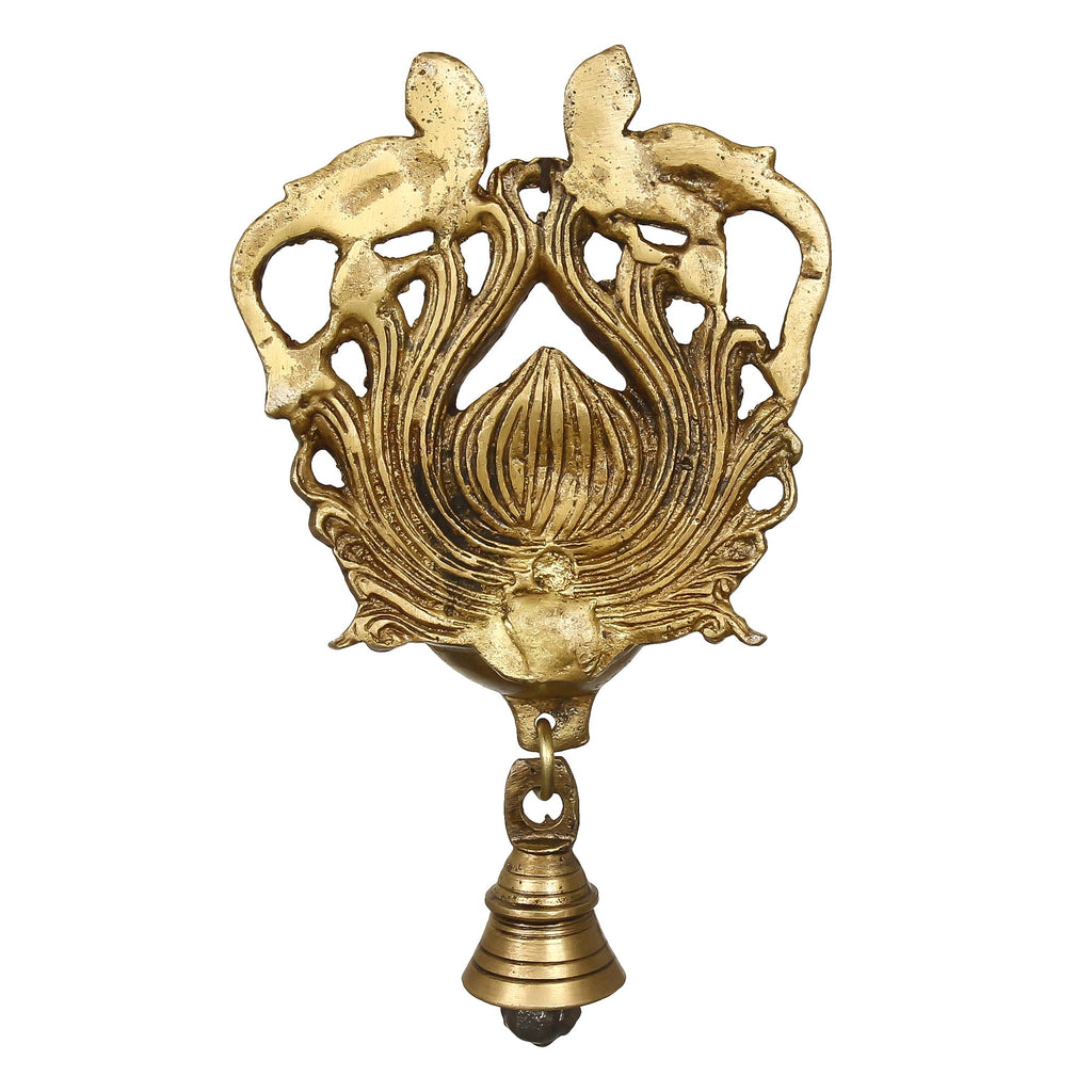 Golden Antique Finish Decorative Peacock Bird Design Handcrafted Brass Wall Hanging Diya with Bells Kafalo