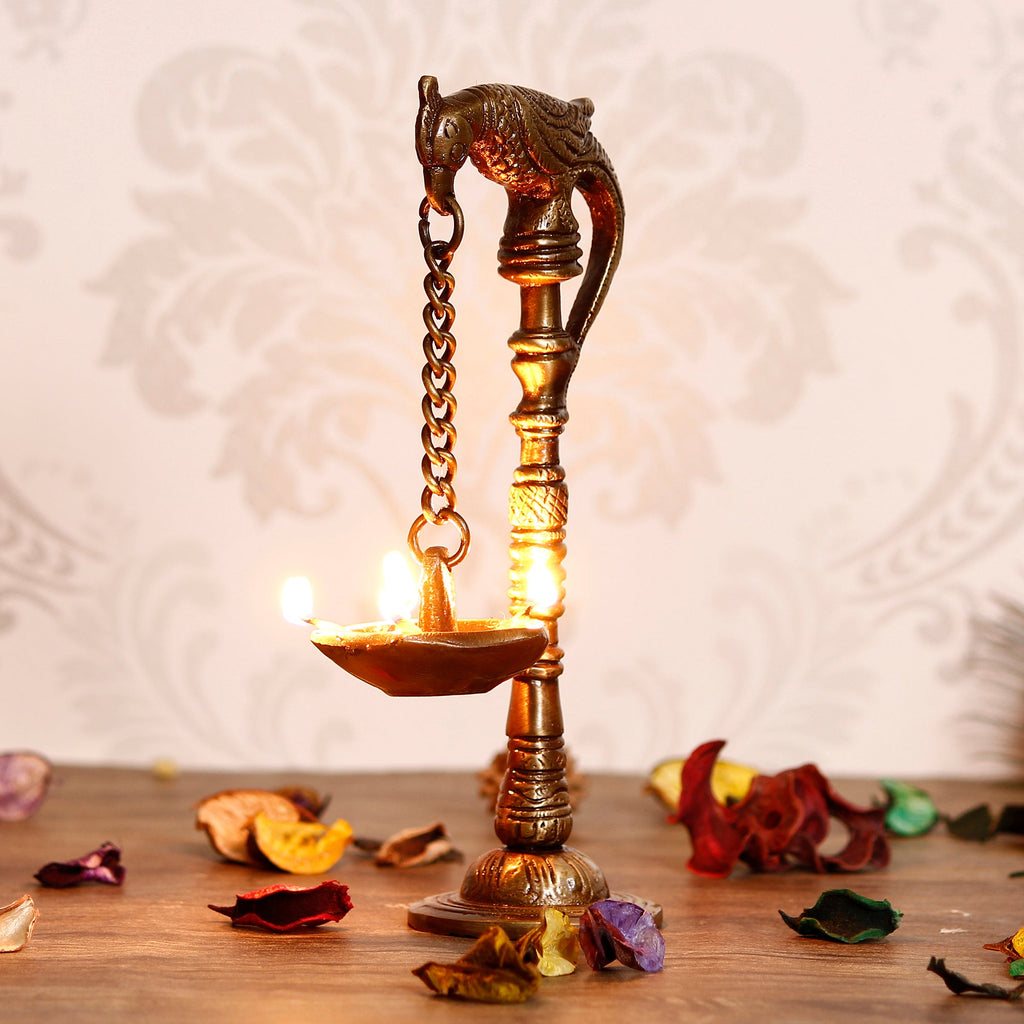 Golden Brass Handcrafted Parrot Showpiece Diya for 5 wicks with Stand Kafalo