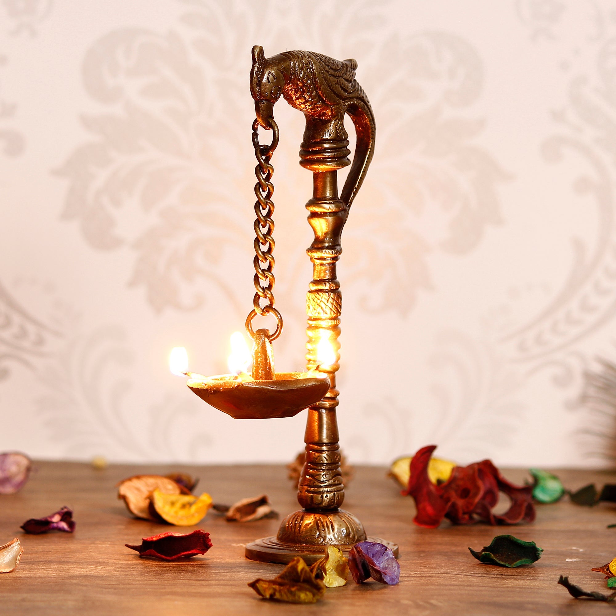 Golden Brass Handcrafted Parrot Showpiece Diya for 5 wicks with Stand Kafalo