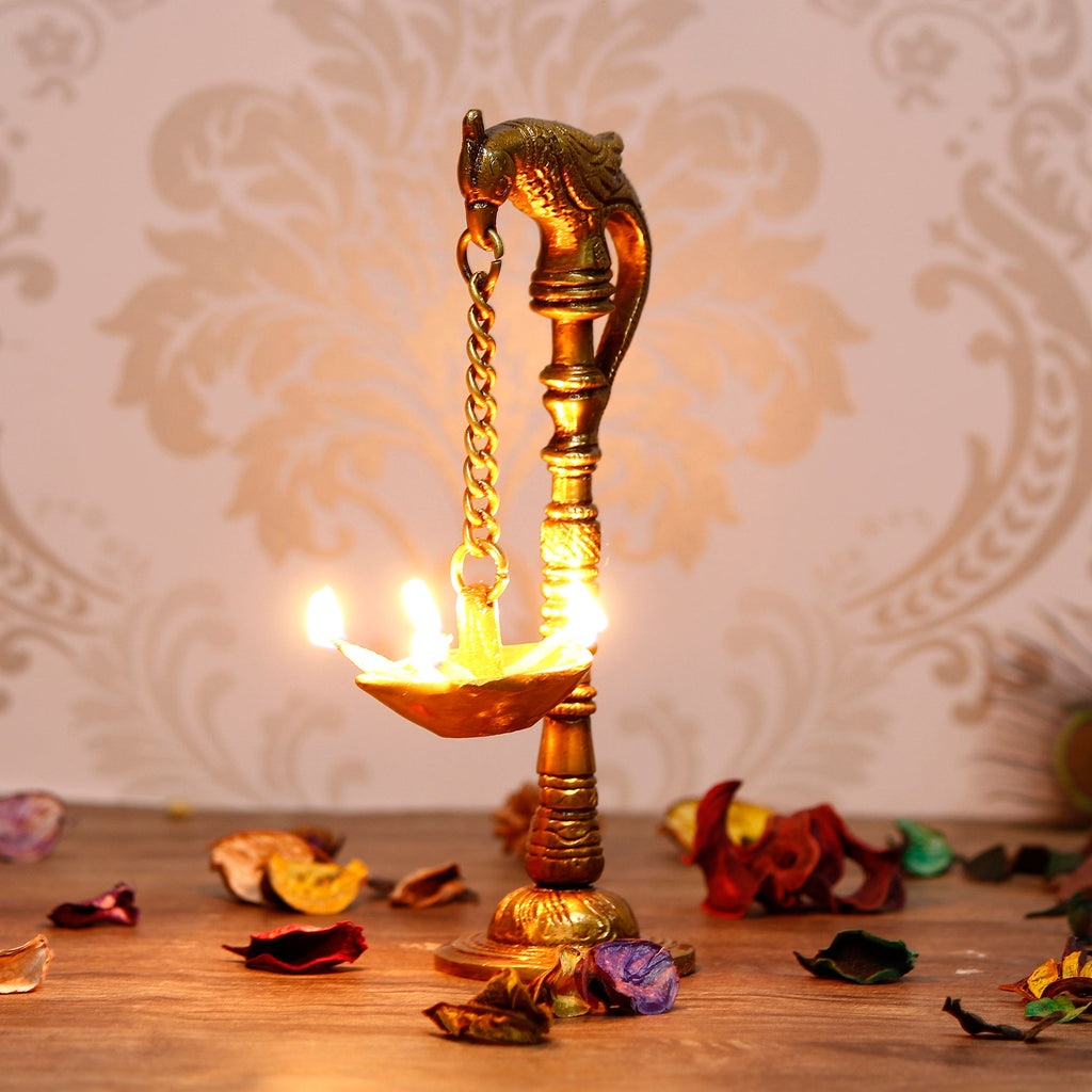 Golden Brass Handcrafted Parrot Showpiece Diya for 5 wicks with Stand Kafalo