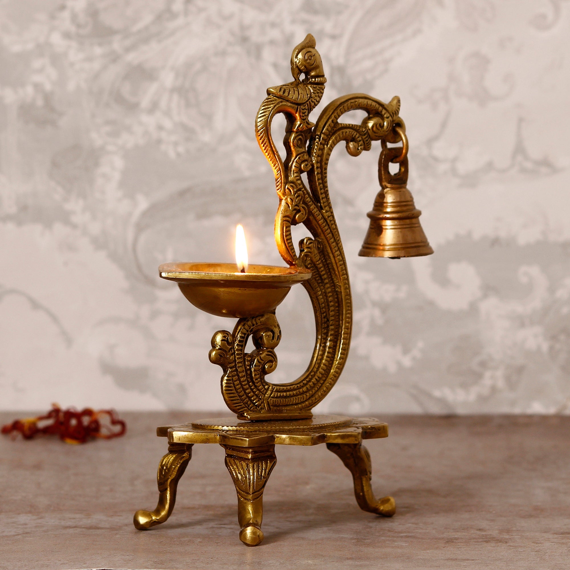 Golden Antique Finish Decorative Handcrafted Parrot Showpiece Brass Diya with Bells and Stand Kafalo
