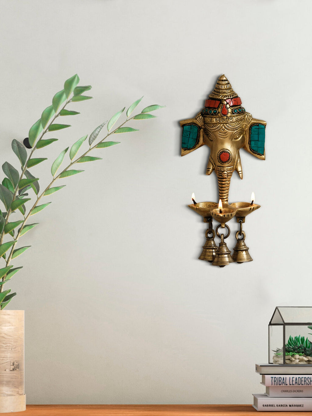 Colorful Stone Work Handcrafted Golden Lord Ganesha Wall Hanging Brass Diya for 3 Wicks with 3 Bells Kafalo
