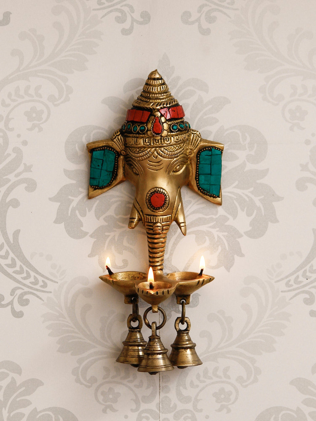 Colorful Stone Work Handcrafted Golden Lord Ganesha Wall Hanging Brass Diya for 3 Wicks with 3 Bells Kafalo