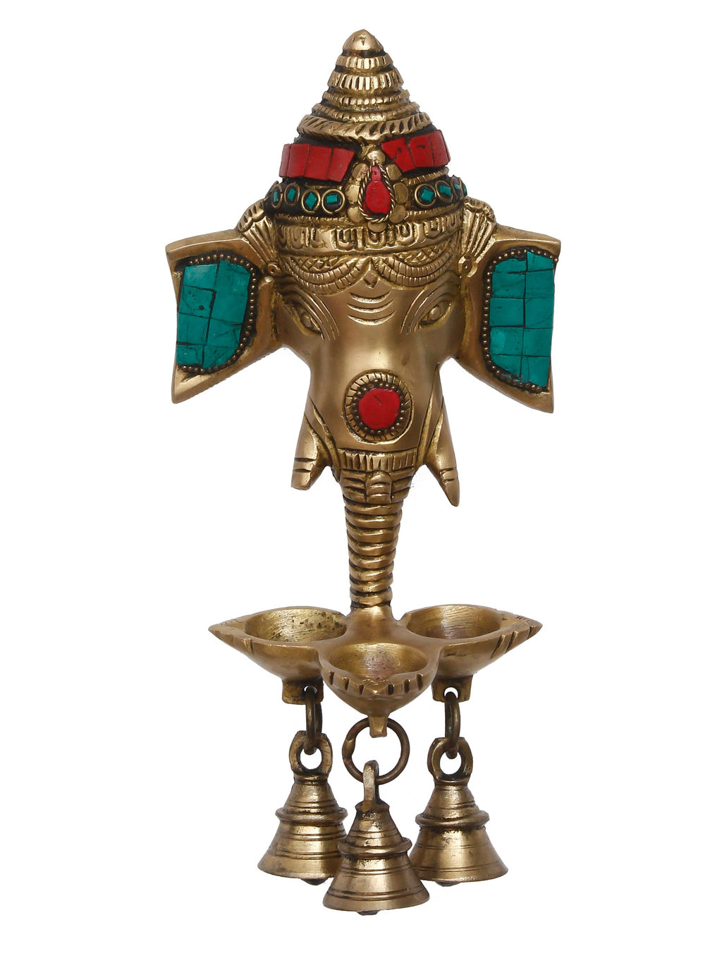 Colorful Stone Work Handcrafted Golden Lord Ganesha Wall Hanging Brass Diya for 3 Wicks with 3 Bells Kafalo