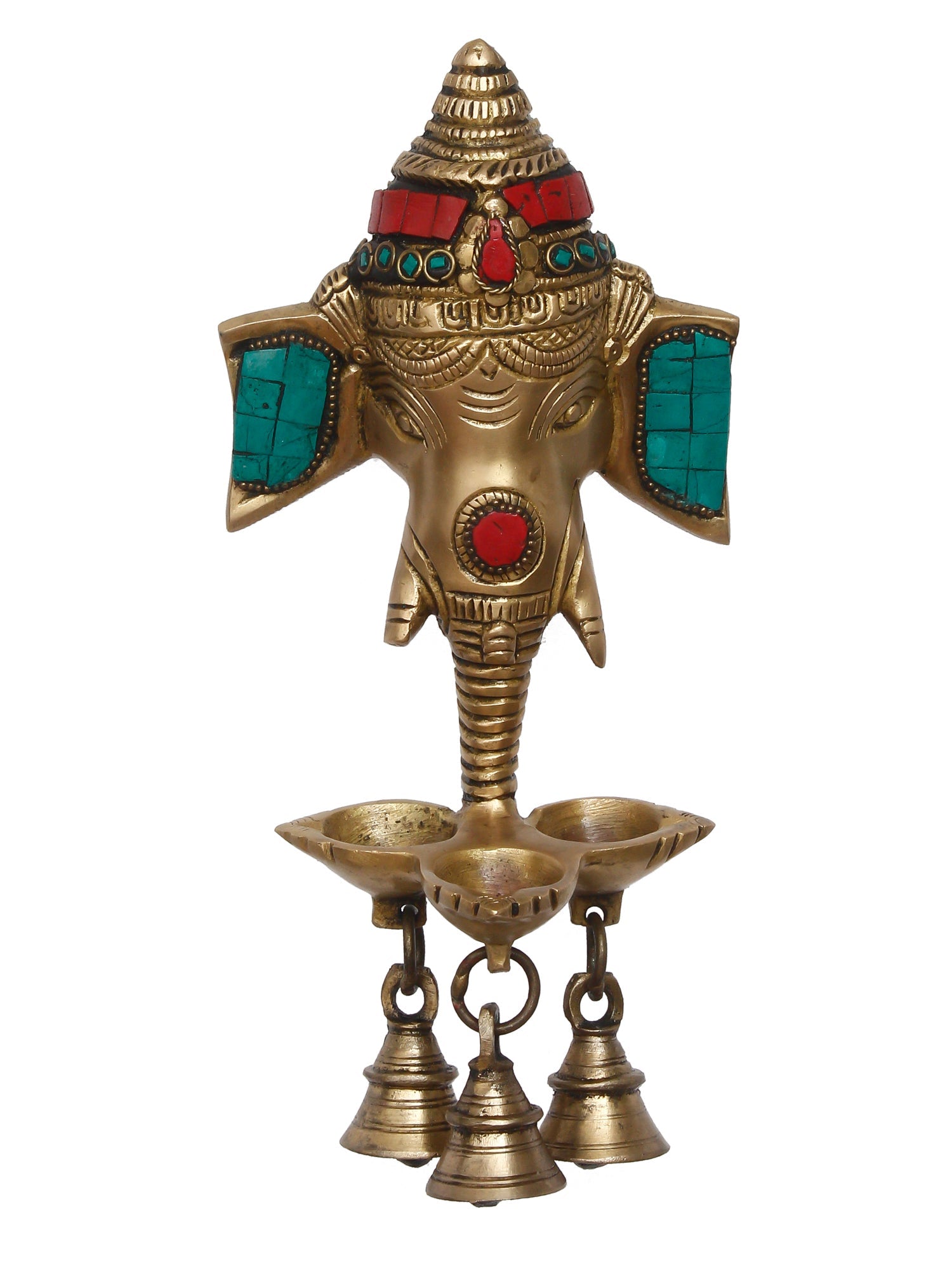Colorful Stone Work Handcrafted Golden Lord Ganesha Wall Hanging Brass Diya for 3 Wicks with 3 Bells Kafalo