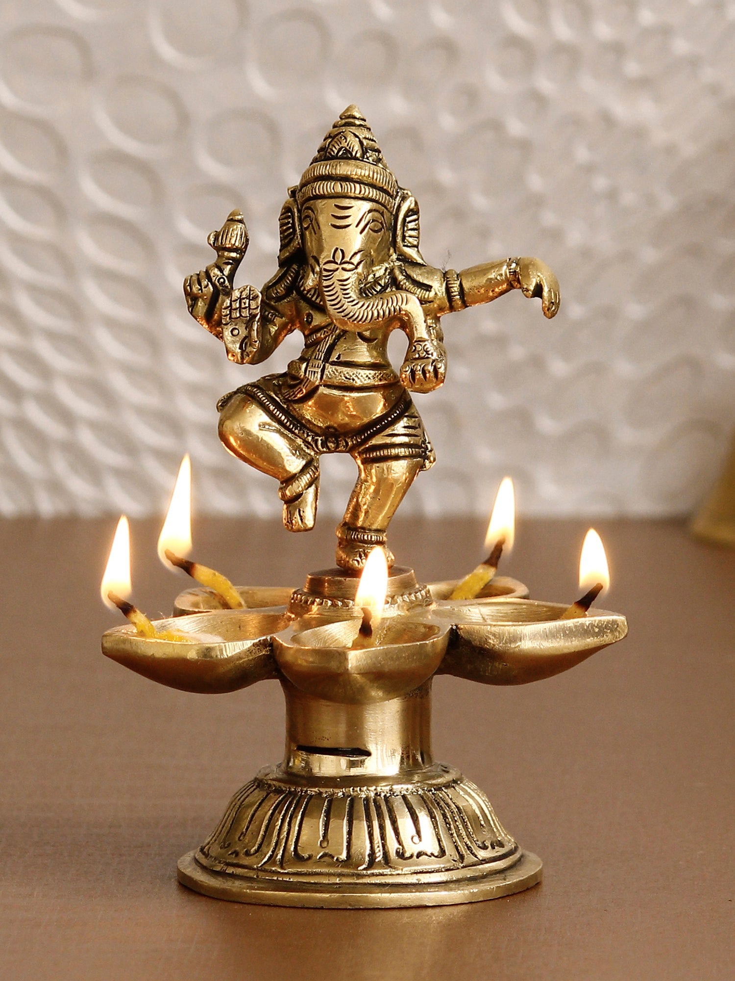 Gold Brass Handcrafted Dancing Lord Ganesha Idol with Diya for 5 Wicks Kafalo