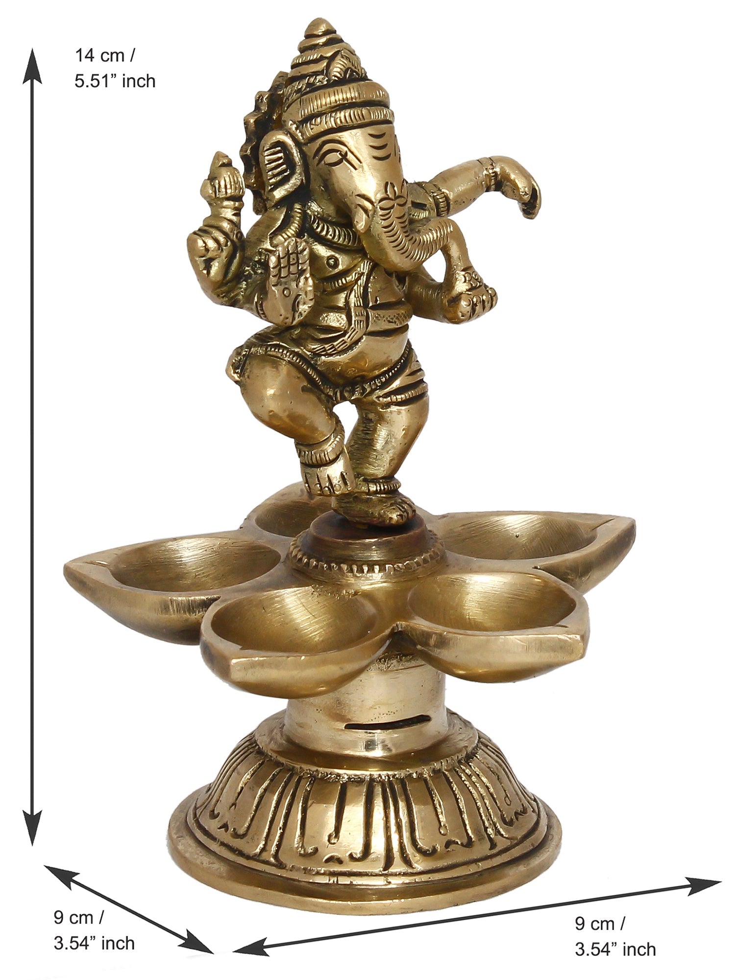 Gold Brass Handcrafted Dancing Lord Ganesha Idol with Diya for 5 Wicks Kafalo