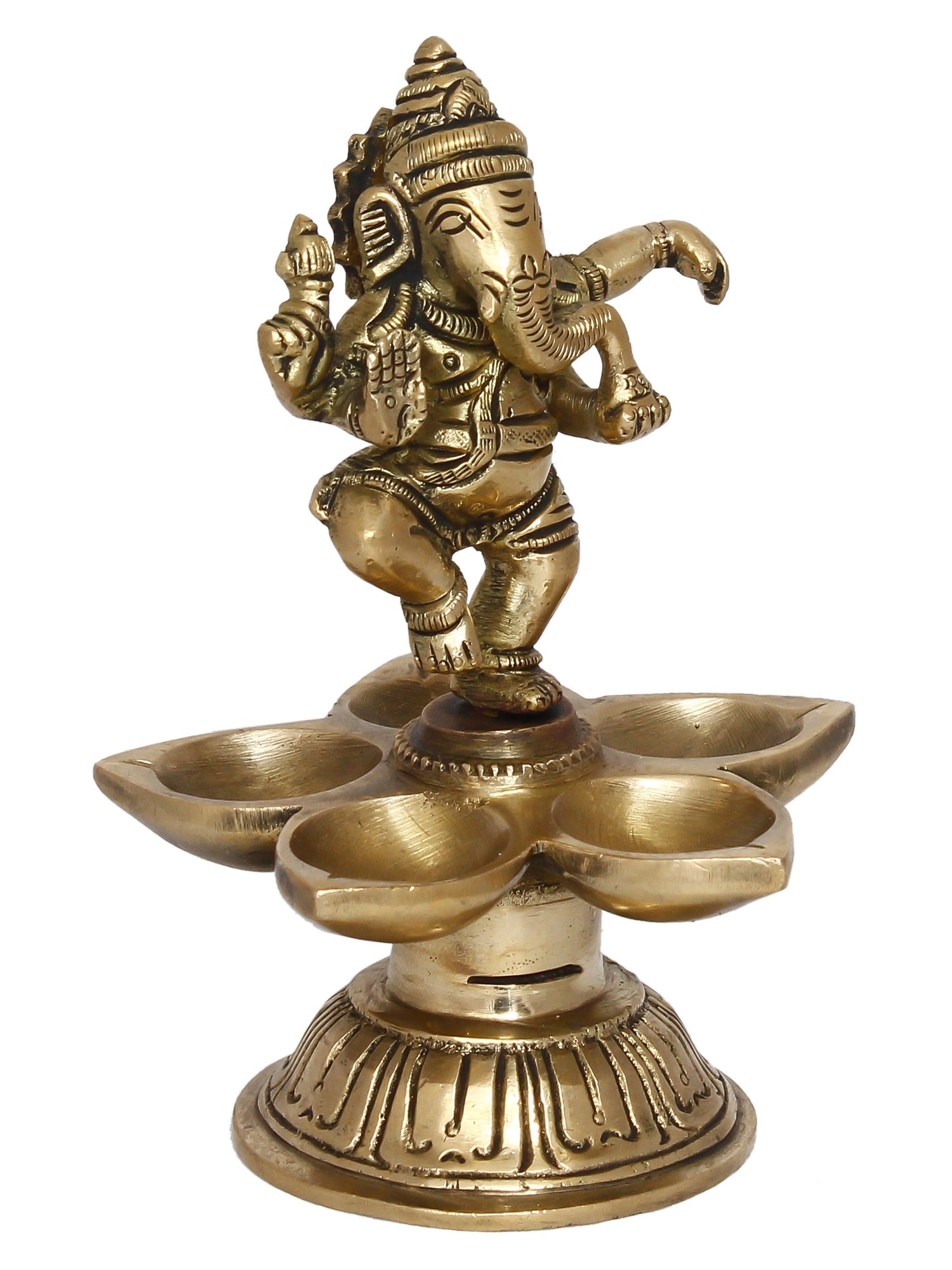 Gold Brass Handcrafted Dancing Lord Ganesha Idol with Diya for 5 Wicks Kafalo