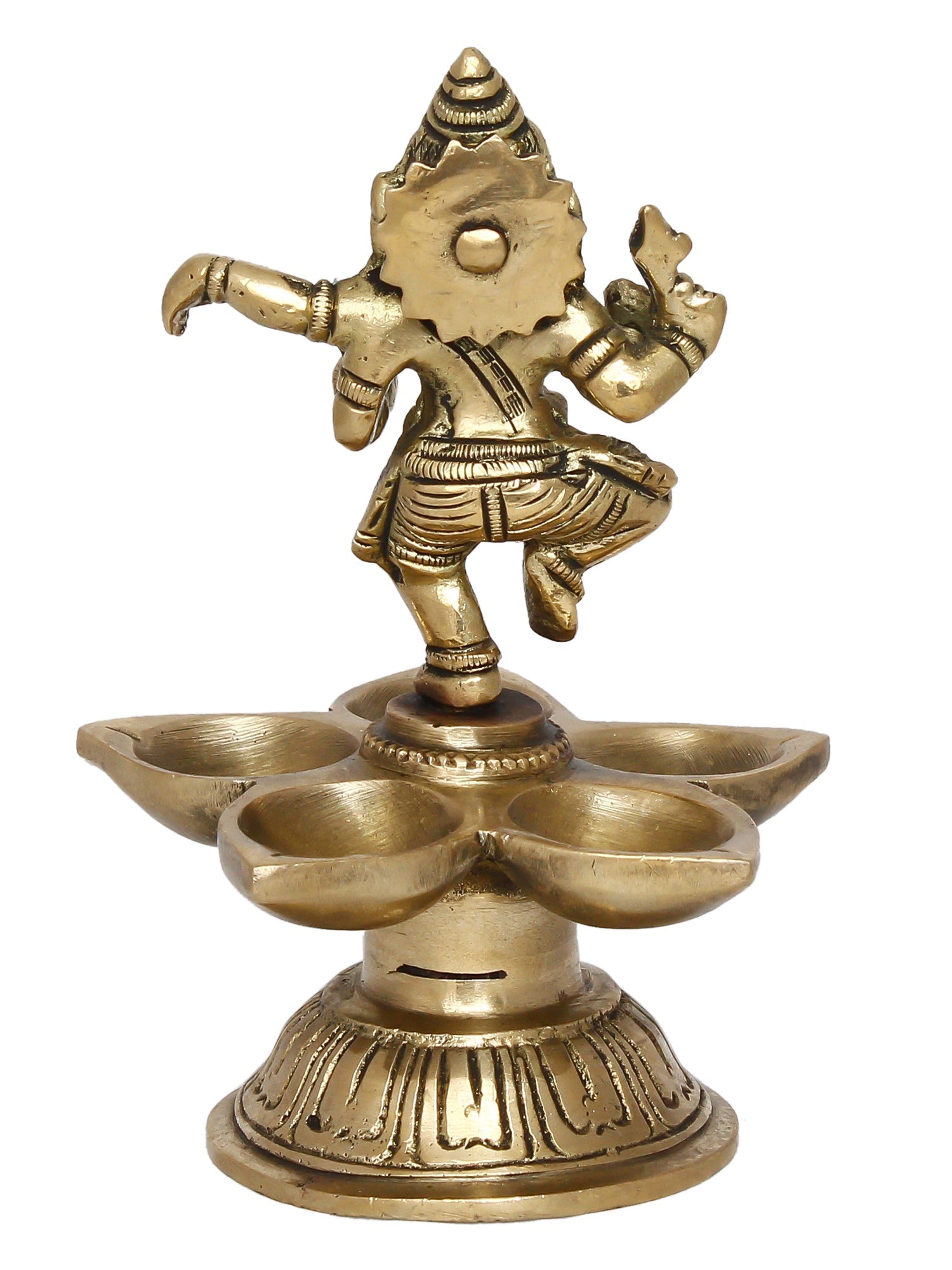 Gold Brass Handcrafted Dancing Lord Ganesha Idol with Diya for 5 Wicks Kafalo