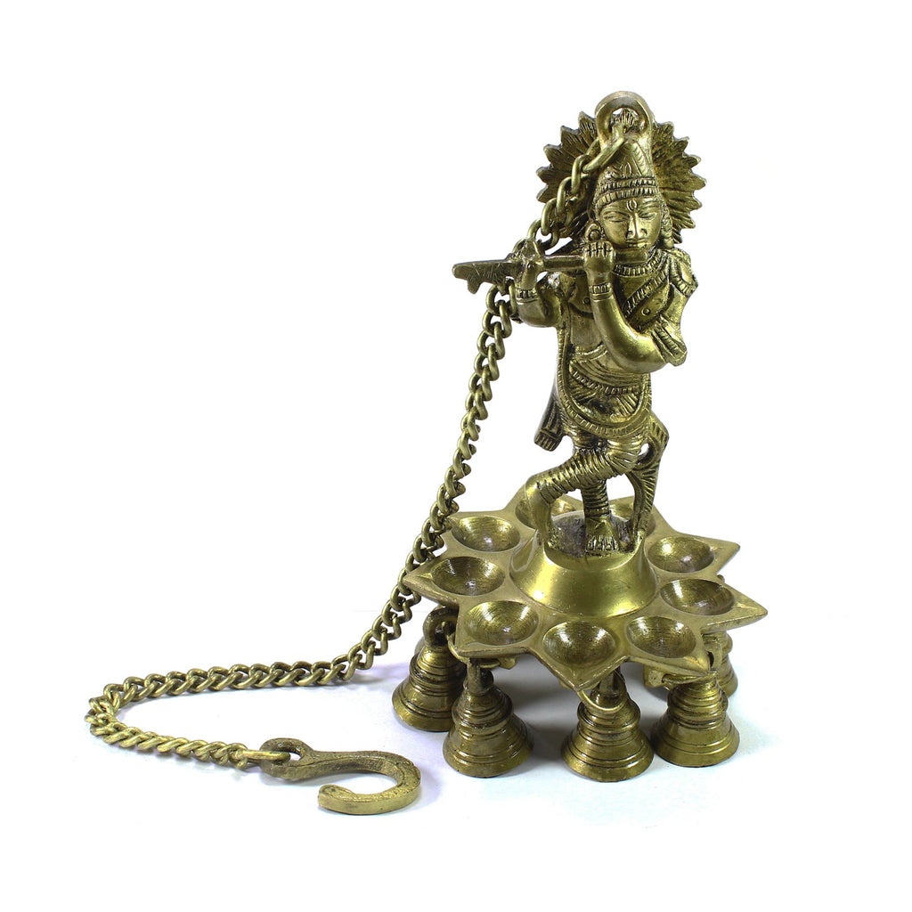Brass Lord Krishna Playing Flute Wall Hanging with 9 Oil Wick Diya Kafalo