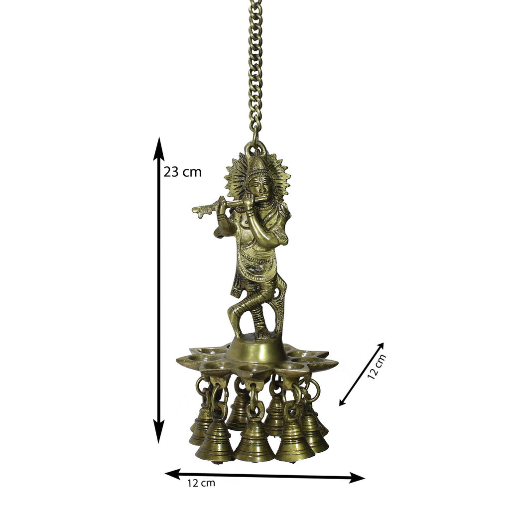 Brass Lord Krishna Playing Flute Wall Hanging with 9 Oil Wick Diya Kafalo