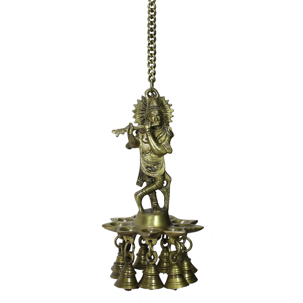 Brass Lord Krishna Playing Flute Wall Hanging with 9 Oil Wick Diya Kafalo