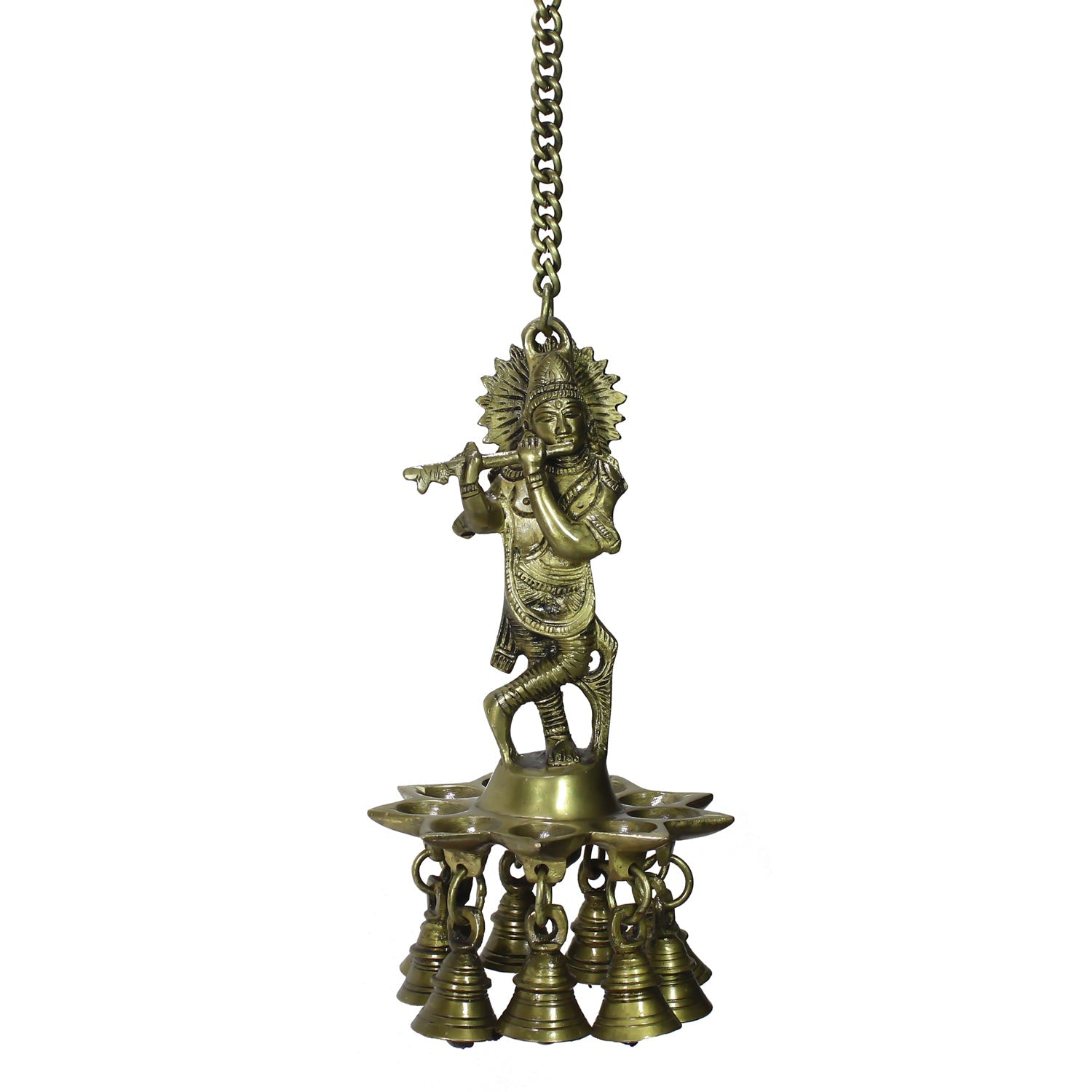 Brass Lord Krishna Playing Flute Wall Hanging with 9 Oil Wick Diya Kafalo