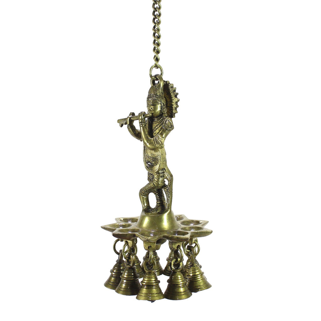 Brass Lord Krishna Playing Flute Wall Hanging with 9 Oil Wick Diya Kafalo