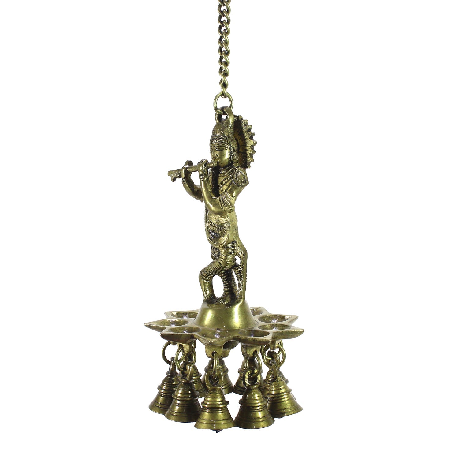 Brass Lord Krishna Playing Flute Wall Hanging with 9 Oil Wick Diya Kafalo