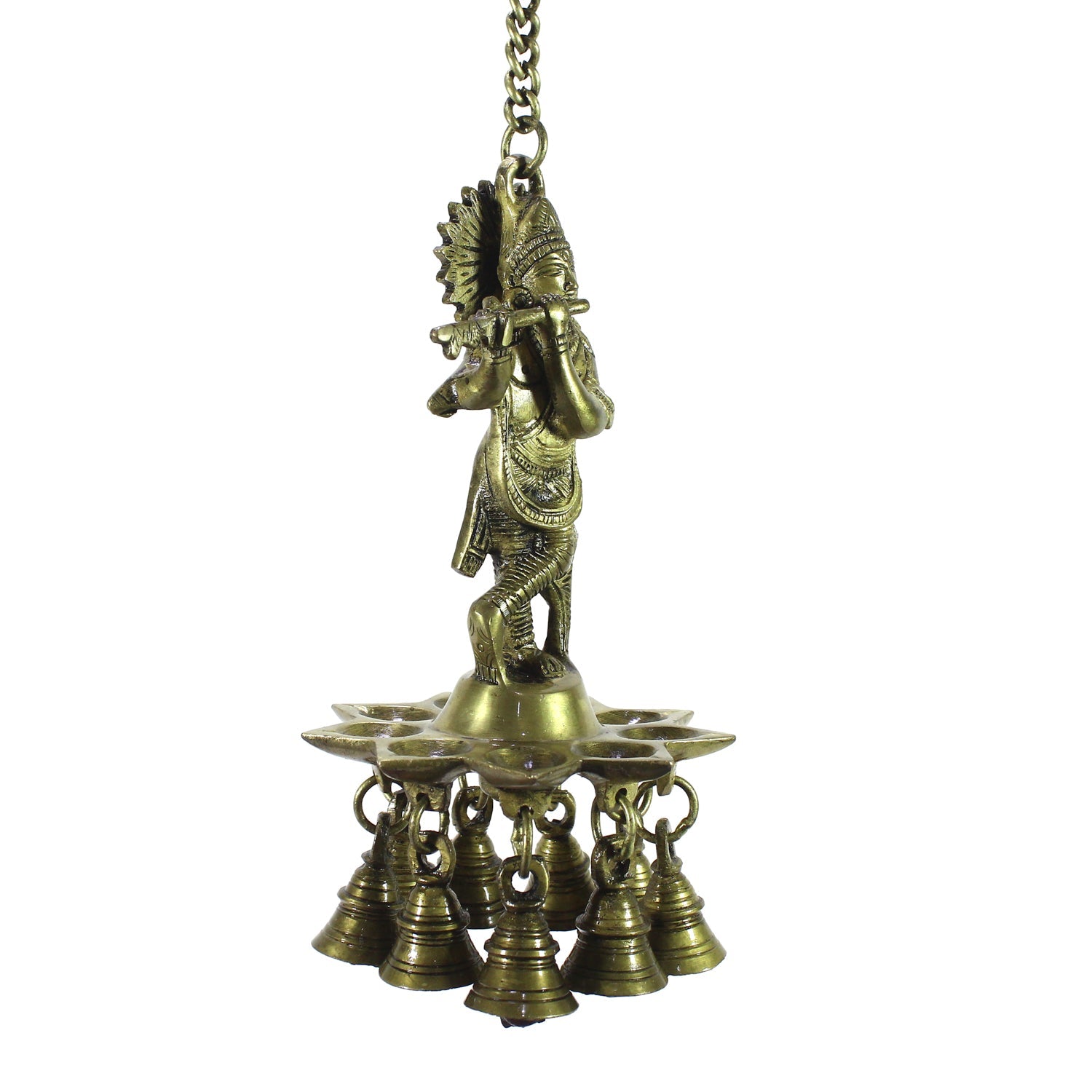 Brass Lord Krishna Playing Flute Wall Hanging with 9 Oil Wick Diya Kafalo