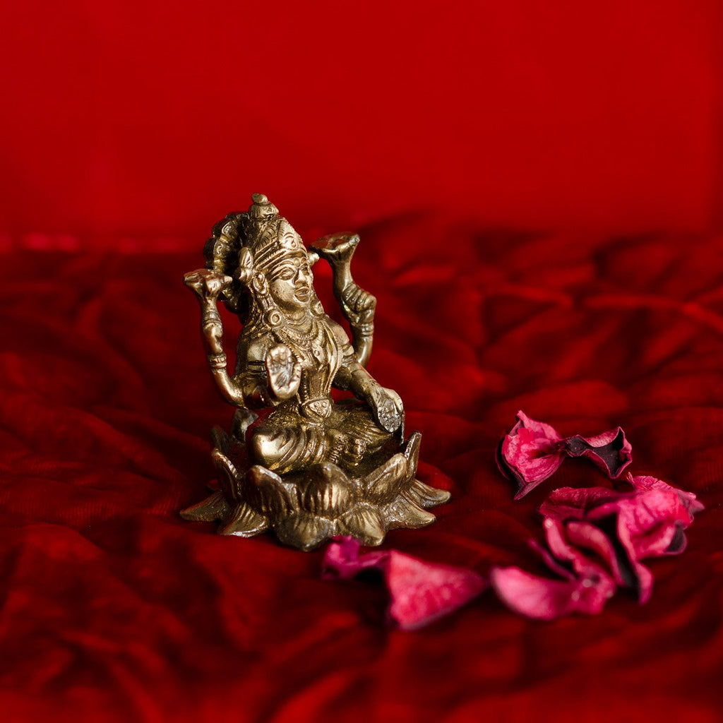 Antique Finish Brass Goddess Laxmi on Lotus Kafalo