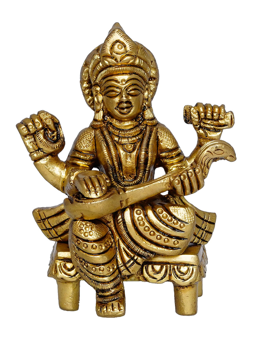 Golden Handcrafted Brass Goddess Saraswati Idol on Chowki Kafalo
