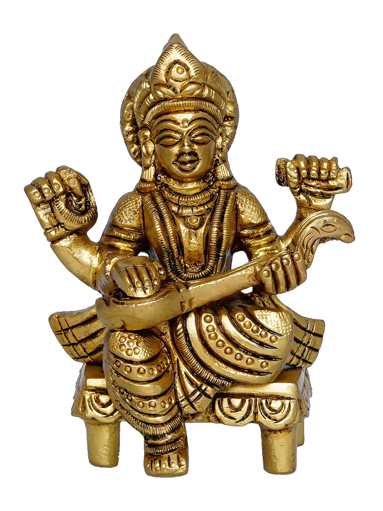 Golden Handcrafted Brass Goddess Saraswati Idol on Chowki Kafalo