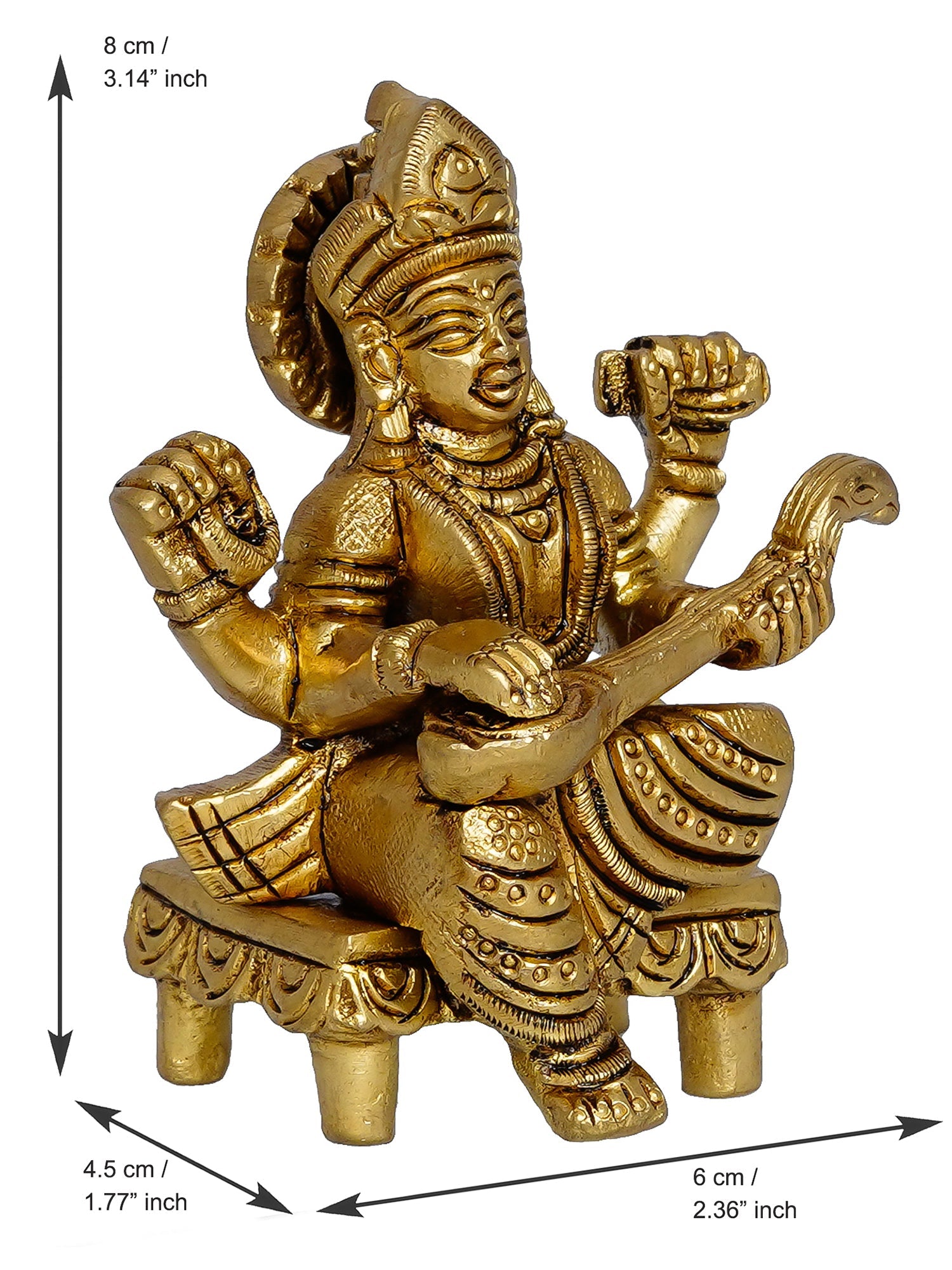 Golden Handcrafted Brass Goddess Saraswati Idol on Chowki Kafalo
