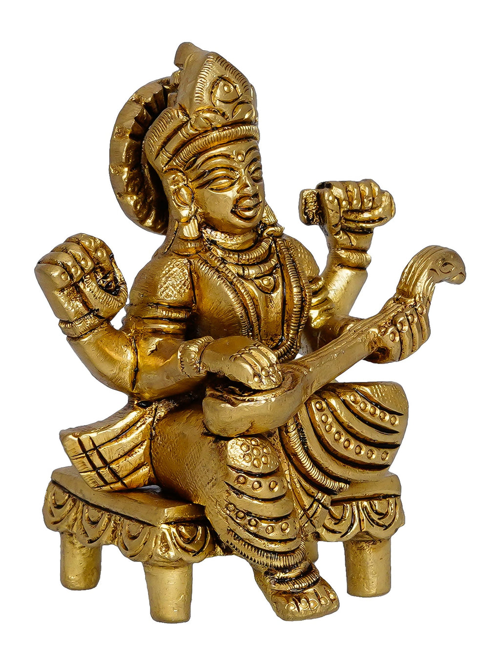 Golden Handcrafted Brass Goddess Saraswati Idol on Chowki Kafalo