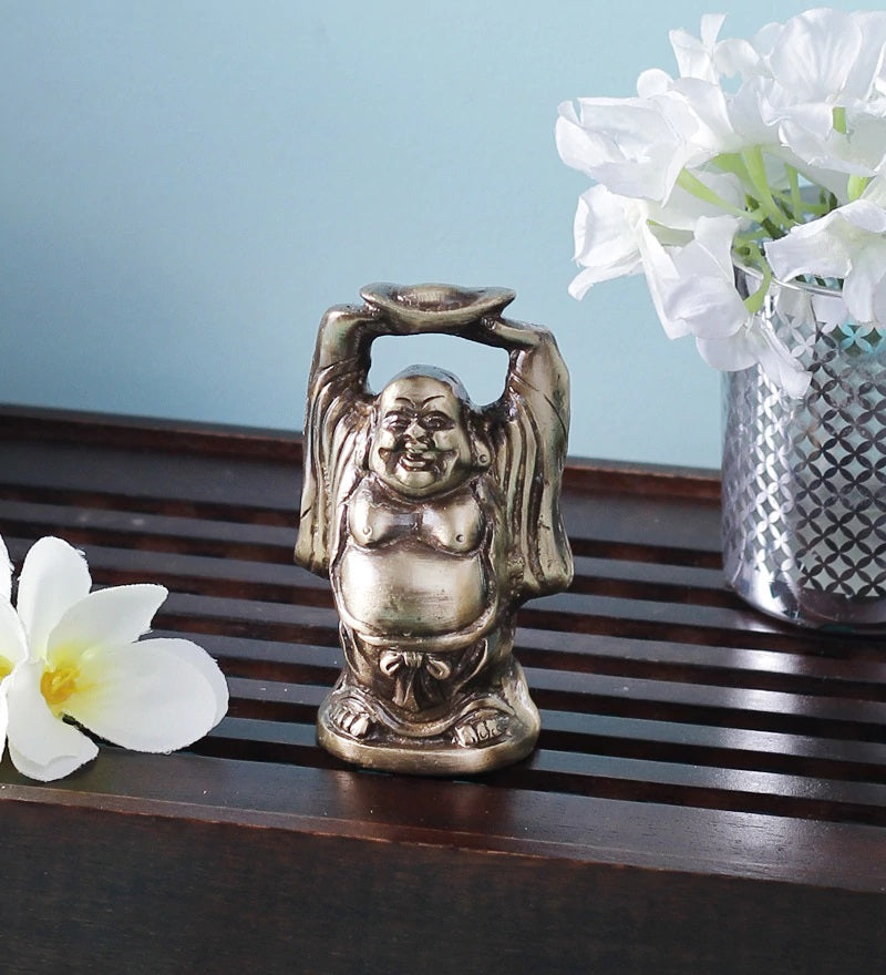 Standing Laughing buddha statue holding a gold ingot, with his hands upright Kafalo