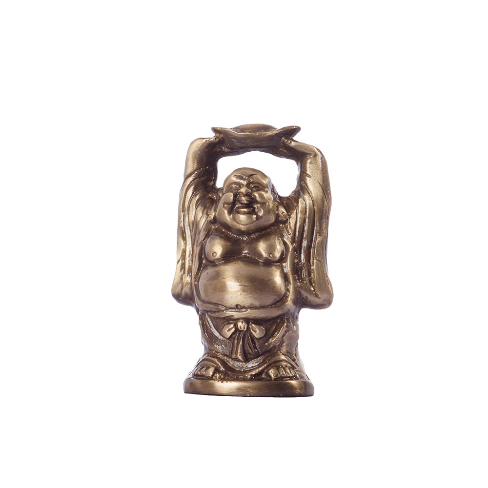 Standing Laughing buddha statue holding a gold ingot, with his hands upright Kafalo