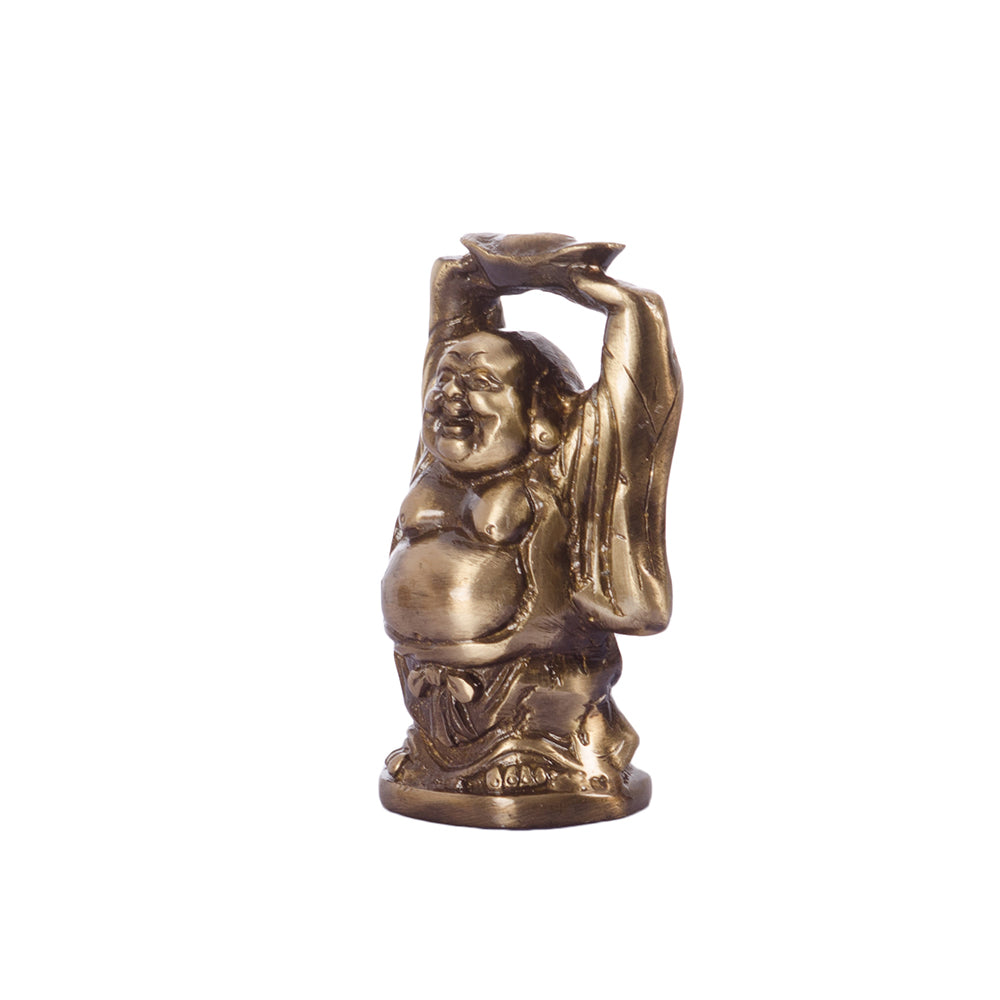 Standing Laughing buddha statue holding a gold ingot, with his hands upright Kafalo