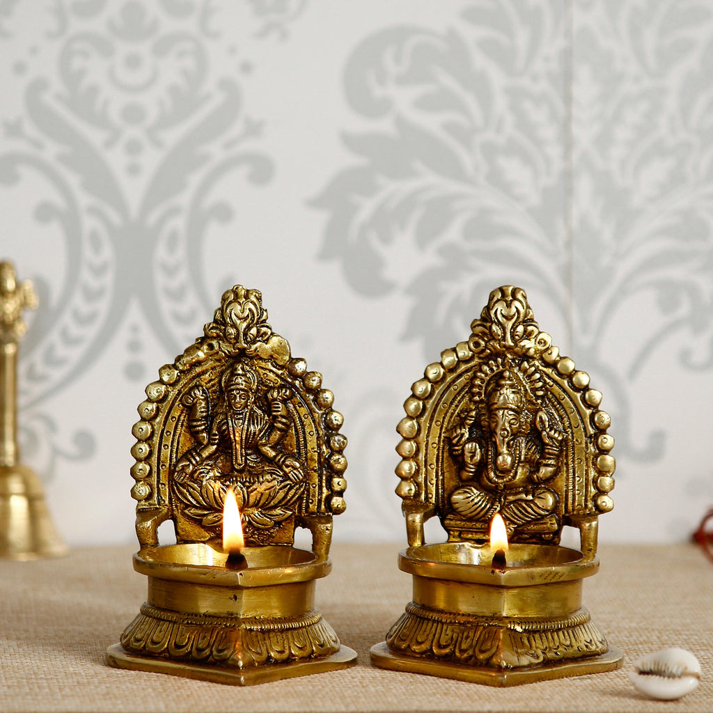 Brown & Gold Laxmi Ganesha Handcrafted Brass Diyas Kafalo