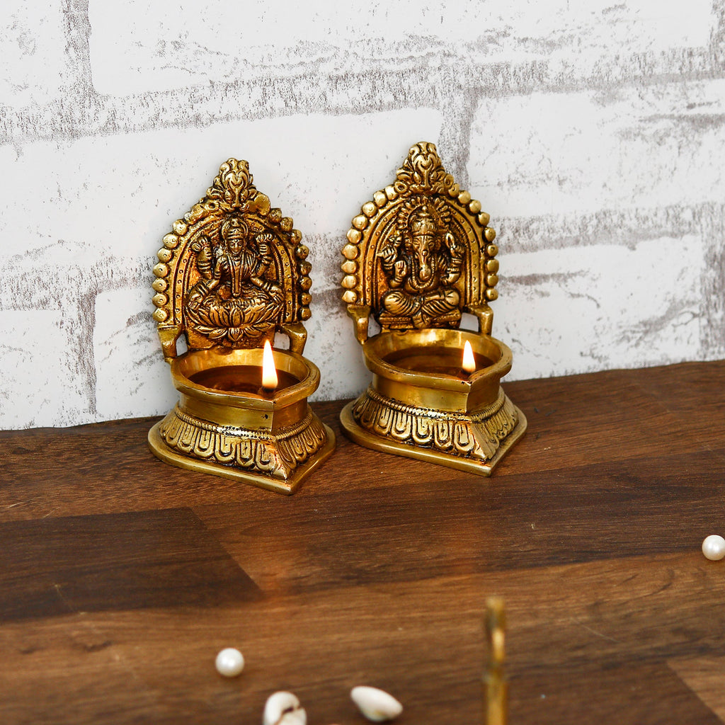 Brown & Gold Laxmi Ganesha Handcrafted Brass Diyas Kafalo