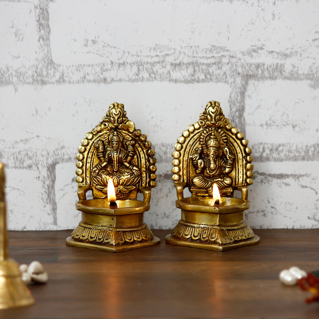 Brown & Gold Laxmi Ganesha Handcrafted Brass Diyas Kafalo