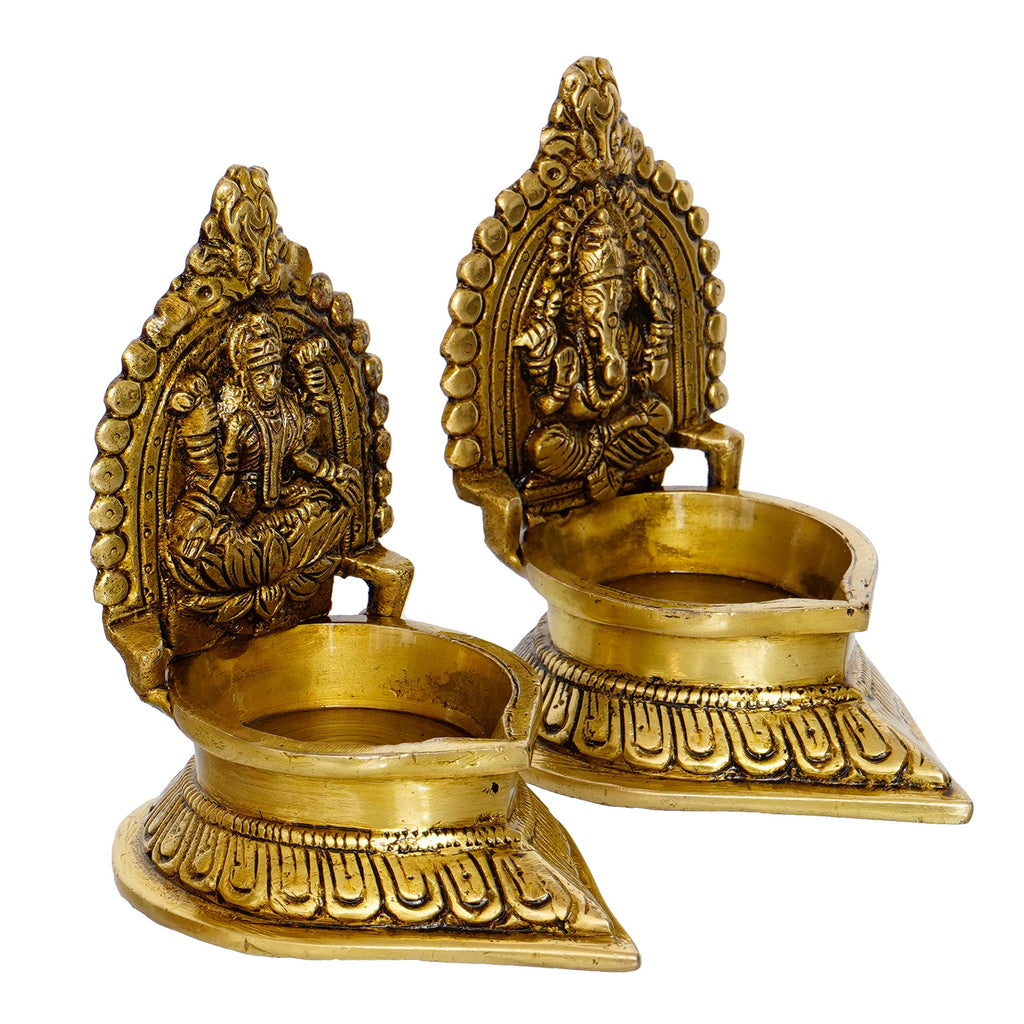 Brown & Gold Laxmi Ganesha Handcrafted Brass Diyas Kafalo