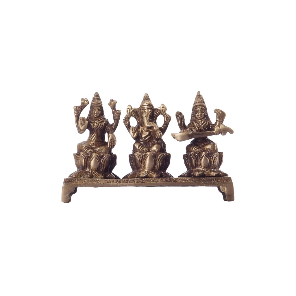 Brown Brass Antique Finish Laxmi Ganesha Saraswati On Lotus Base Kafalo