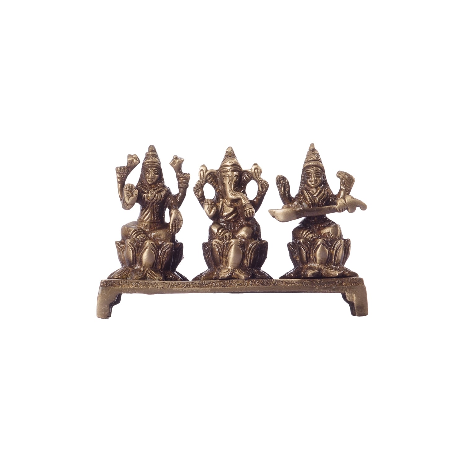 Brown Brass Antique Finish Laxmi Ganesha Saraswati On Lotus Base Kafalo