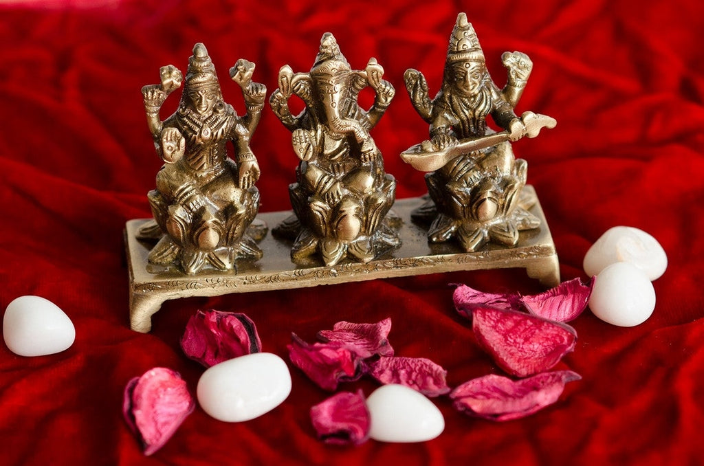 Brown Brass Antique Finish Laxmi Ganesha Saraswati On Lotus Base Kafalo