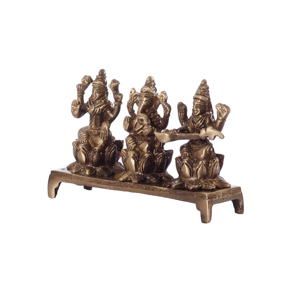 Brown Brass Antique Finish Laxmi Ganesha Saraswati On Lotus Base Kafalo