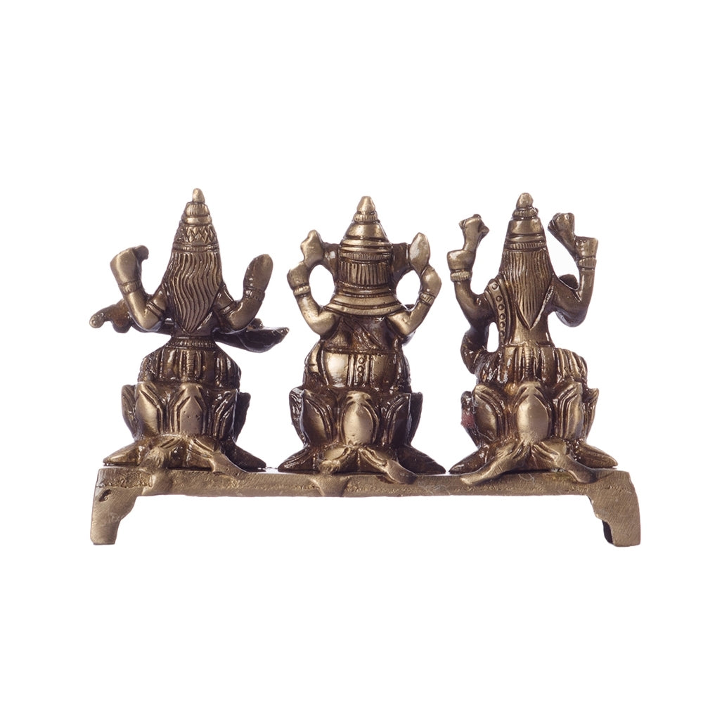 Brown Brass Antique Finish Laxmi Ganesha Saraswati On Lotus Base Kafalo