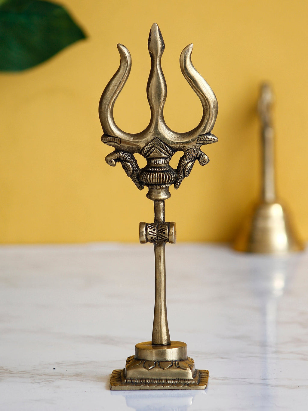 Gold Brass Trishul with Damru Handcrafted Figurine Kafalo