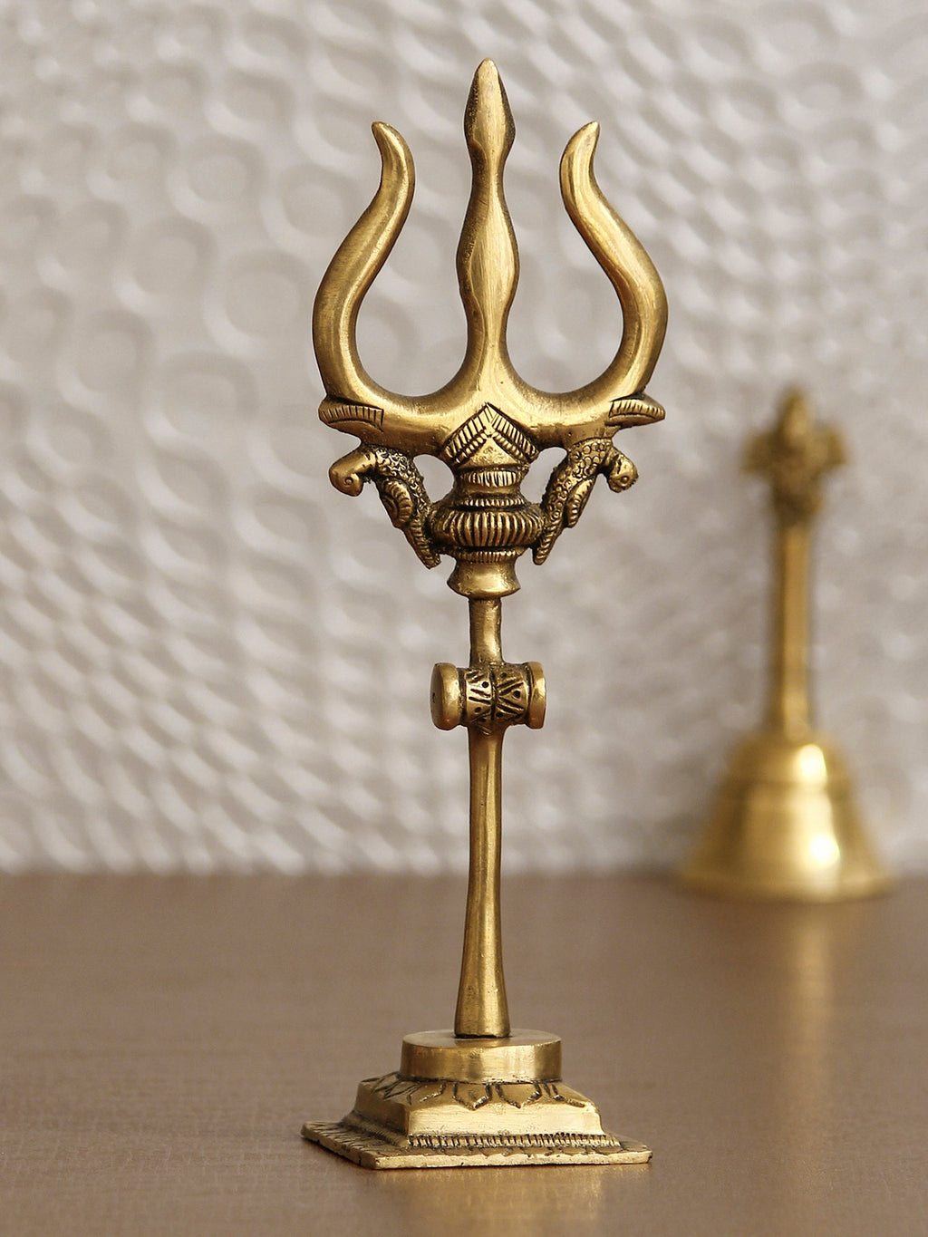 Gold Brass Trishul with Damru Handcrafted Figurine Kafalo