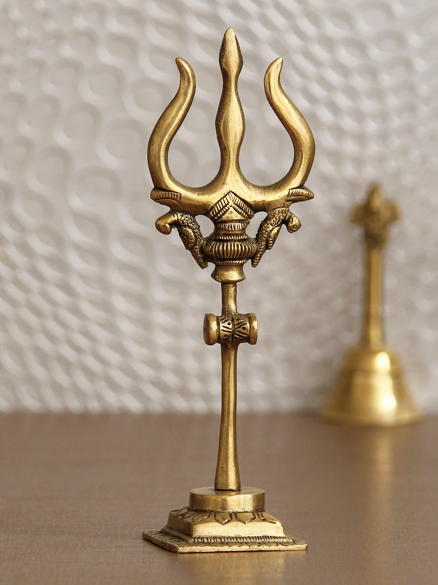 Gold Brass Trishul with Damru Handcrafted Figurine Kafalo
